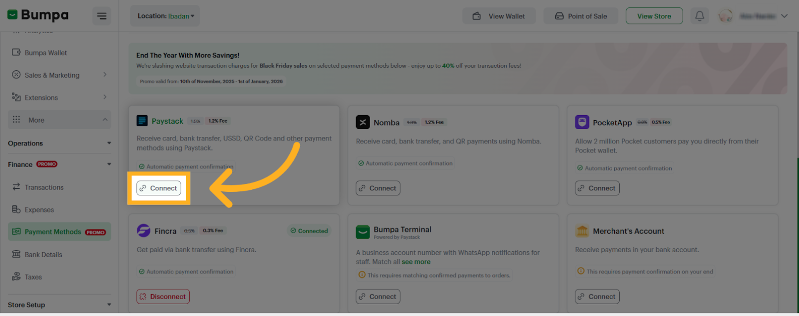 Click on Connect to turn on your preferred payment option